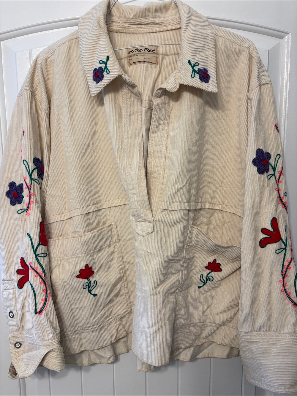 Free People Cream Corduroy Jacket with Red & Purple Floral Embroidery